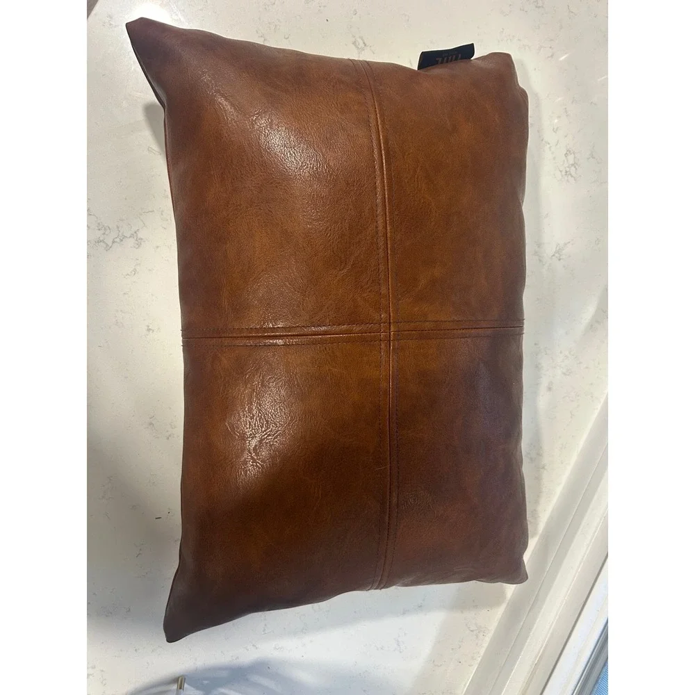 Frye Cognac Brown Faux Leather Decorative Throw Pillow Stitched Accent